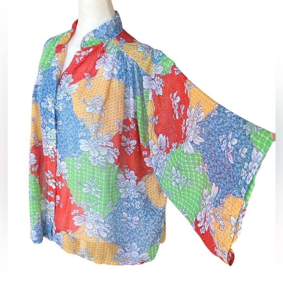 Vintage Tops - VTG Patchwork Button-Up Boho Hippie Blouse Top XL Mandarin Collar Floral